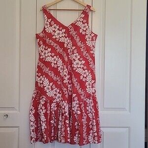 VINTAGE WOMEN'S ROYAL CREATIONS RED & WHITE FLORAL SLEEVELESS HAWAIIAN DRESS L